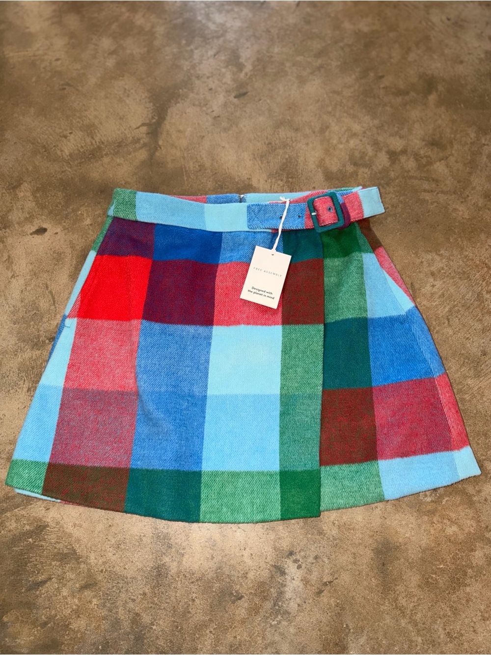 NWT Free Assembly Plaid Faux Wrap Front Mini Skirt Belted Size 4 Holiday Festive